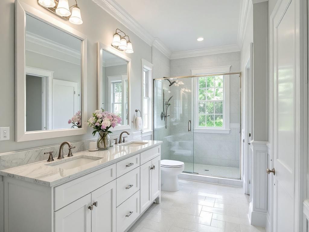 Bathroom after Pro Finish trim work - wainscoting, baseboards, mirror frame
